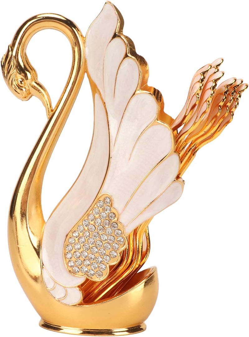 Fdit Swan Base Tableware Set, Gold Alloy Coffee Spoon Fork Holder with Rhinestones Smooth Edge Dessert Utensil Set for Bistro Bar Party (Golden White Fork) - Image 1